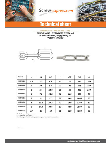 1 x M Long Link Chain Diameter 8 Stainless...
