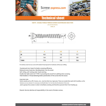 1 x Decking Screw Double Thread Countersunk Head T25 5X60 Stainless Steel A4 T17
