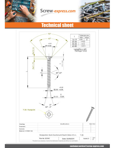 1 x Savis Chipsboard Screw Countersunk Head T25...