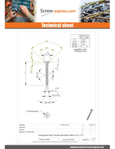 1 x Chipboard Screw Countersunk Head T15 3.5X20...