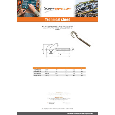 1 x Hook With Metric Thread Stanless Steel Stainless Steel A2 A2 8X55