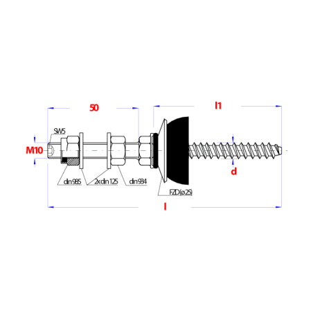1 x Screw SIGN SOLAR M10X80 Total Lengh 130 Stainless Steel A2
