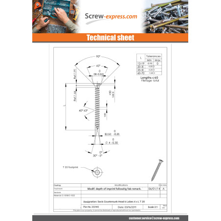1 x Chipboard Screw Countersunk Head T20 4X80 Thread Length: 48 Zinc Plated