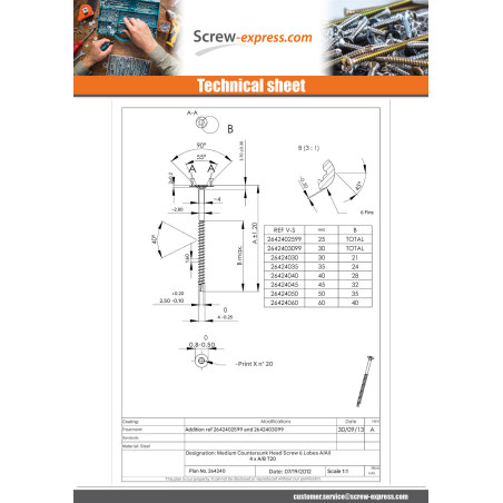 1 x Chipboard Screw Medium Countersunk Head With Serration T20 4X35 Thread Length: 24 Zinc Plated Ral9010/Pure
