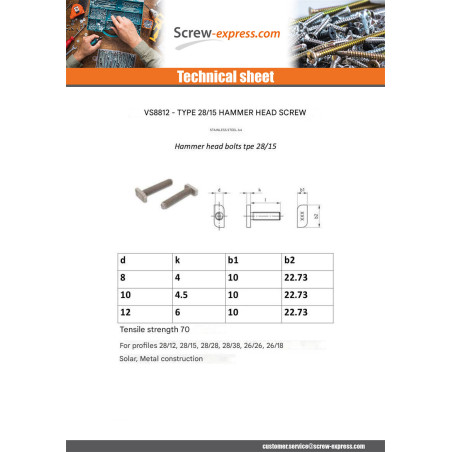 1 x Machine Screw Hammer Head 10X10X4.5 M10X20 Stainless Steel A4 for 28/15 profiles