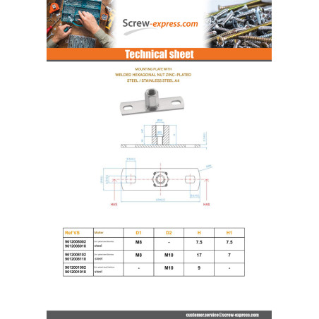 1 x Fastening plate With Nut Hexagon M8 Zinc Plated