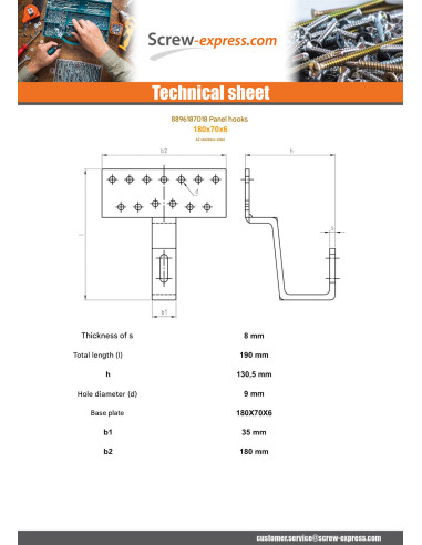 1 x Hook for solar panel 180X70X6 Stainless...