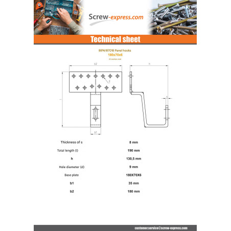 1 x Hook for solar panel 180X70X6 Stainless Steel A2