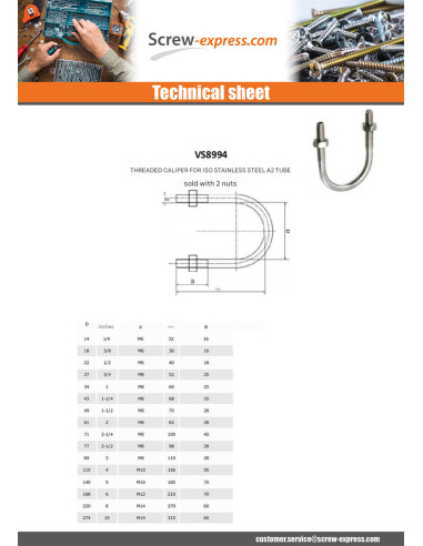 1 x U-Bolt Stainless Steel A2 Round bottom to...