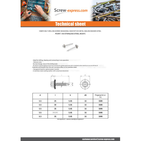 1 x Self Drilling Bimetal Steel / Stainless Steel A4 Hexagonal Head Neoprene Bonded Sealing Washer Epdm 5.5X25