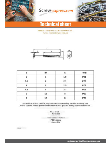 1 x Chipboard Screw Countersunk Head Pozi N°1...