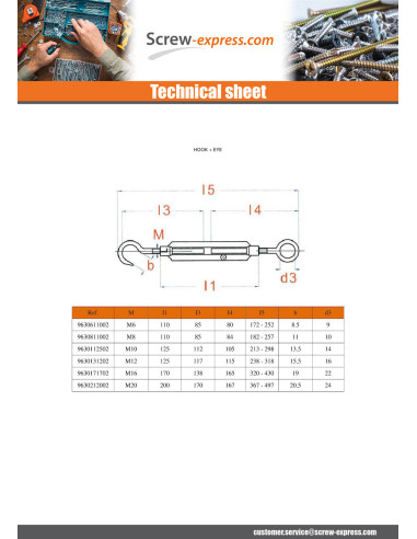 1 x Hook And Hook Turnbuckle 20X200 Zinc Plated