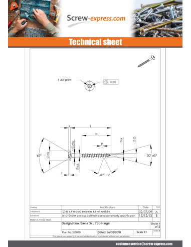 1 x Screw Truss 7X70 Thread Length: 40 T30 cut...