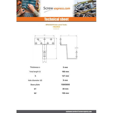 1 x Hook for solar panel 150X50X5 Stainless Steel A2