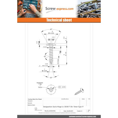 1 x Screw Truss Security 6X30 Thread Length: 30 T30+TET cut Type 17 Drilling Point Black Zinc Plated