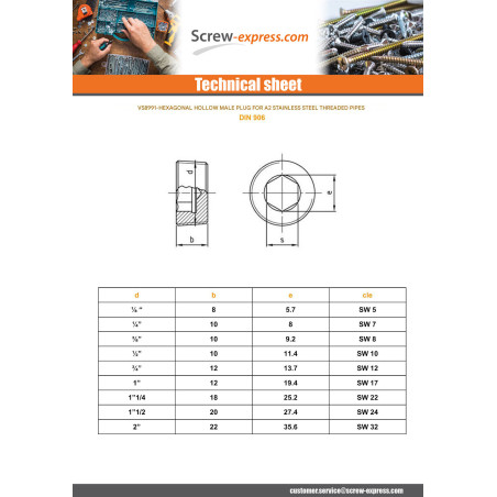 1 x Hollow hexagonal male screw plug 10X8 SW7 1/4" Stainless Steel A2