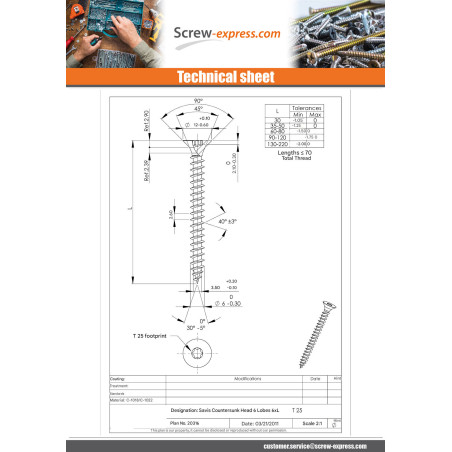 1 x Savis Chipsboard Screw Countersunk Head T25 6X90 Thread Length: 54 Zinc Plated