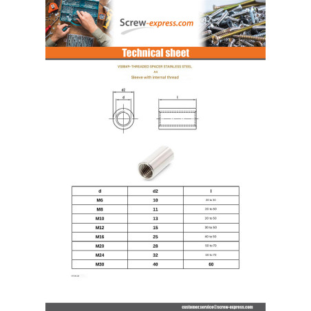 1 x Manchon Cylindrical Self Tapping M10X30 Stainless Steel A4