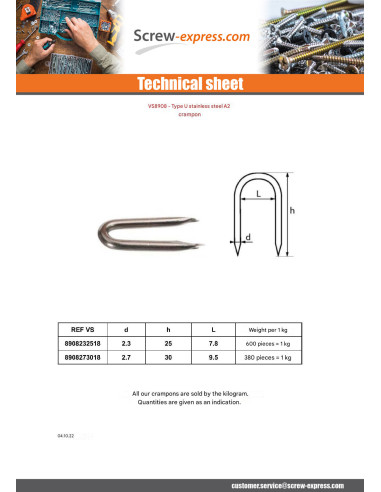1 x Kilogram Staple Stainless Steel A2 2.7X30