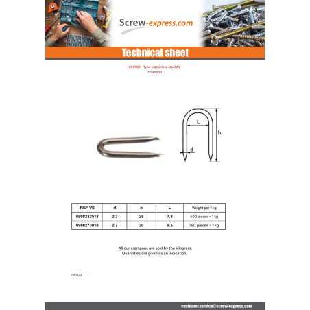 1 x Kilogram Staple Stainless Steel A2 2.7X30