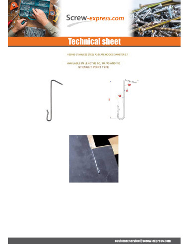 1 x Slate Hooks Stainless Steel A2 2.7X90