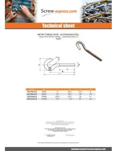 1 x Hook With Metric Thread Stanless Steel...