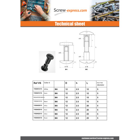 1 x Binding Screw M6X25 Diameter Tube 8 white nylon 2 pieces Male/Female