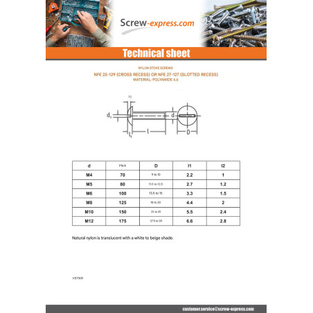 1 x Screw Mushroom natural nylon Polyamid 6.6 M6X30