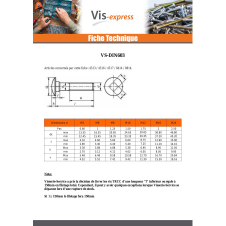1 x Carriage Bolt Stainless Steel A2 M8X25 Full Thread