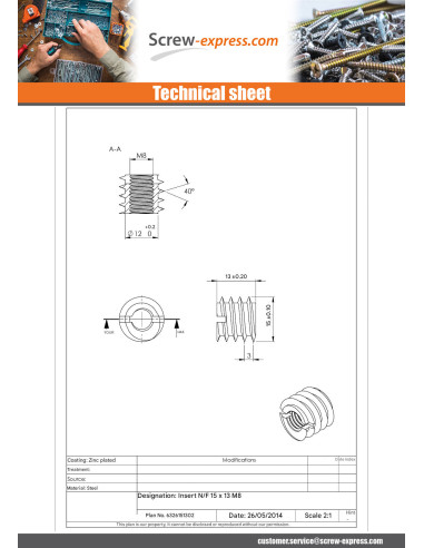 1 x Self Tapping Insert Slotted Zinc Plated M8...