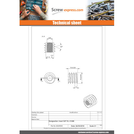 1 x Self Tapping Insert Slotted Zinc Plated M8 15X13