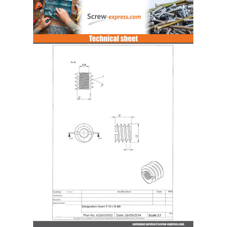 1 x Self Tapping Insert Slotted Zinc Plated M8 13X15