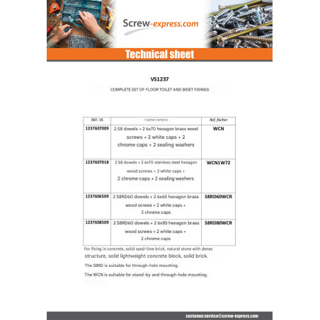 1 x KIT fixation WC Screw Brass 6X85 Fischer