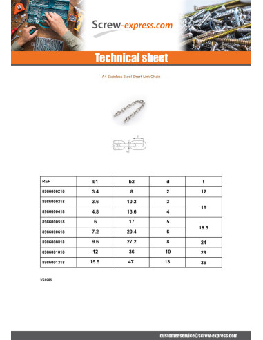 1 x M Short link chain Diameter 4 Stainless...