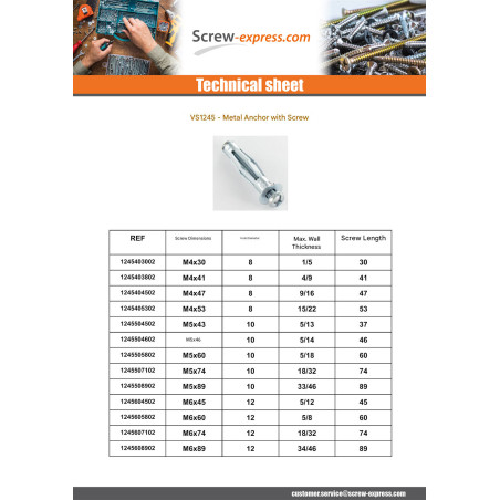 1 x Metal wall plug for plasterboard With Screw M5X74