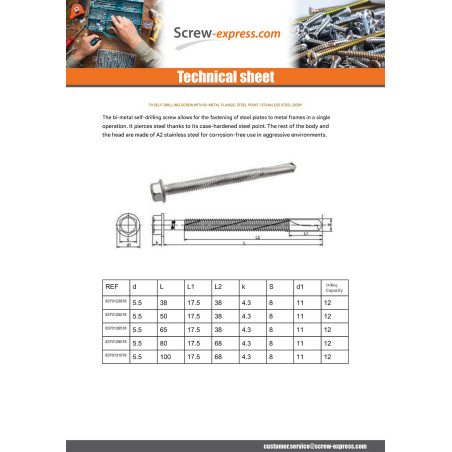 1 x Self Drilling Bimetal Hexagonal Head Flange 5.5X50 Bimetal Steel / Stainless Steel A2
