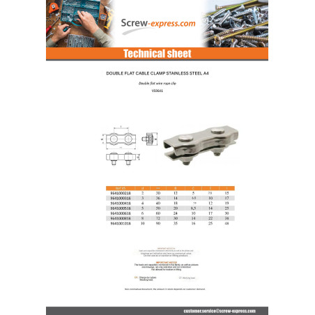 1 x Double Flat Wire Rope Clip Stainless Steel Stainless Steel A4 Diameter 6