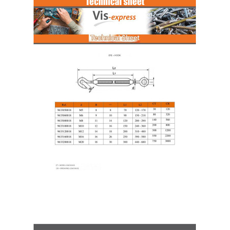 1 x Hook And Eye Turnbuckle M12X200 Eye 14 Stainless Steel A4