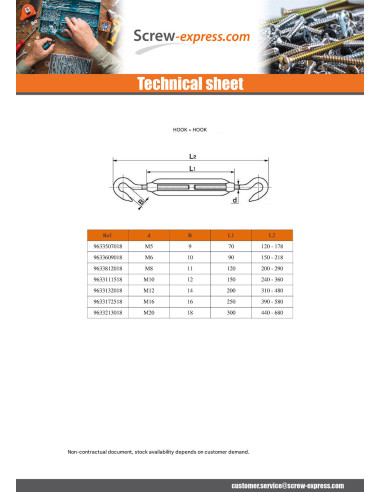 1 x Hook And Hook Turnbuckle M10 Stainless...
