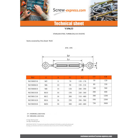1 x Eye And Eye Turnbuckle M16X250 Eye 26 Stainless Steel A4