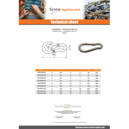 1 x Carabiner Stainless Steel A4 Diameter 7