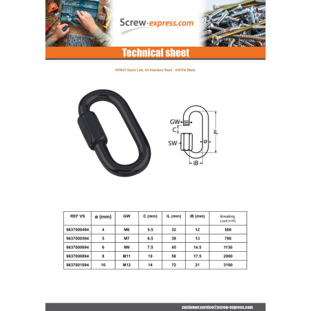 1 x Quick Link For Chains Stainless Steel A4 Black 10