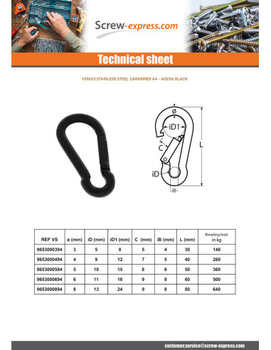 1 x Carabiner Stainless Steel A4 Black Diameter 3