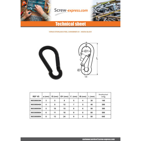 1 x Carabiner Stainless Steel A4 Black Diameter 3