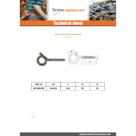 1 x Gym hook Thread Wood Stainless Steel A2 8.8X120