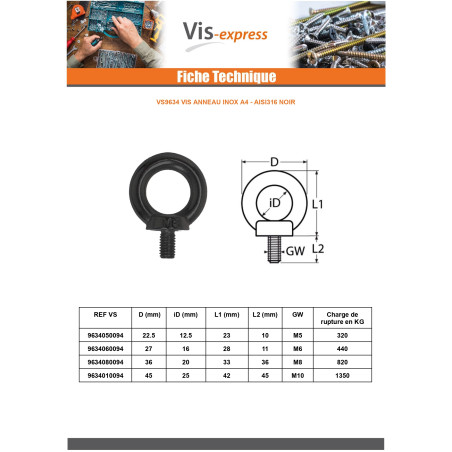 1 x Screw Eye Nut M10X45 Stainless Steel A4 Black