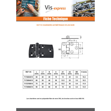 1 x Hinge asymmetrical 80X40 black nylon