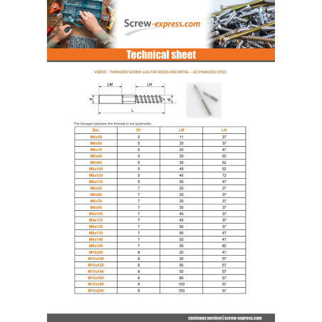 1 x Wooden screw-on bracket And Machine Stainless Steel A2 6X120