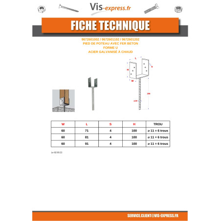 1 x Pfostensockel form U 60X100X91 Hot Dip Galvanized