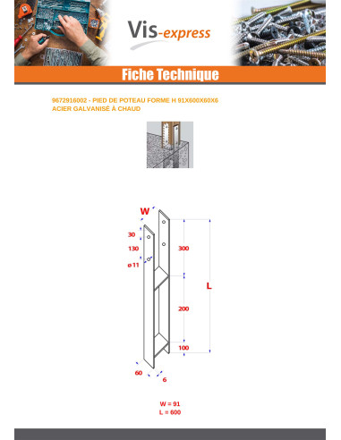 1 x Pfostensockel form H 91X600X60X6 Hot Dip...